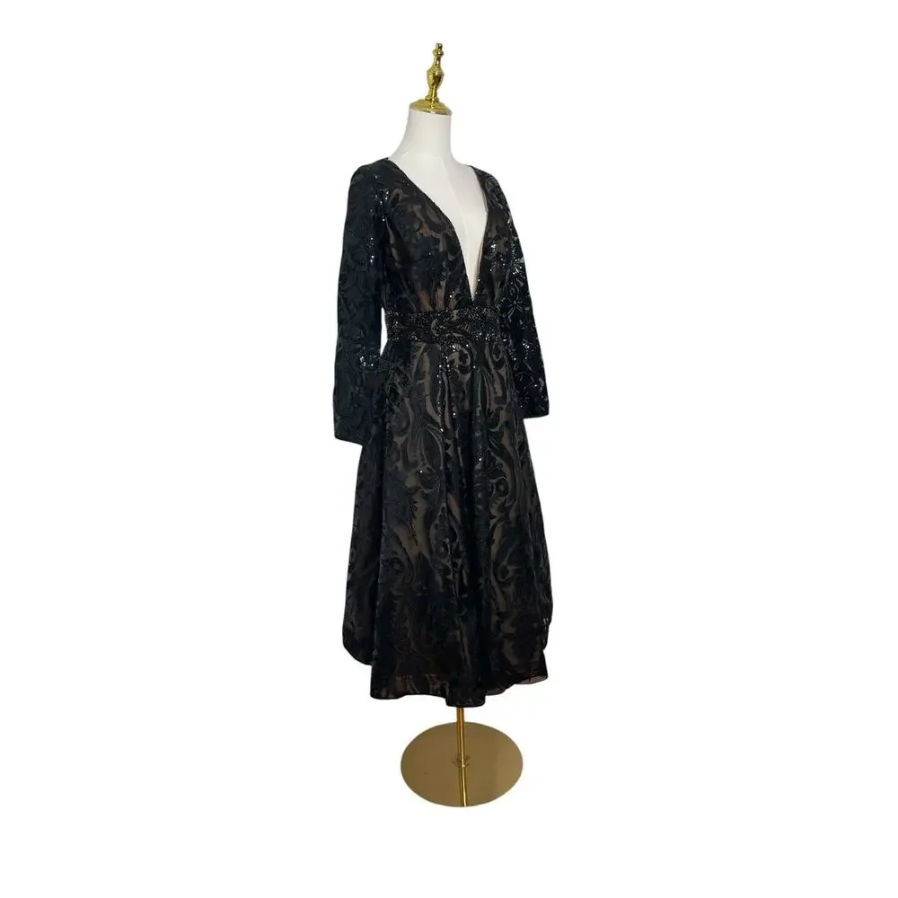 Mac Duggal Black and Gold Sequin Midi Dress